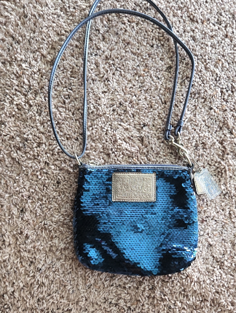 Coach Poppy Blue and Silver Sequin Crossbody with Gold Plaque